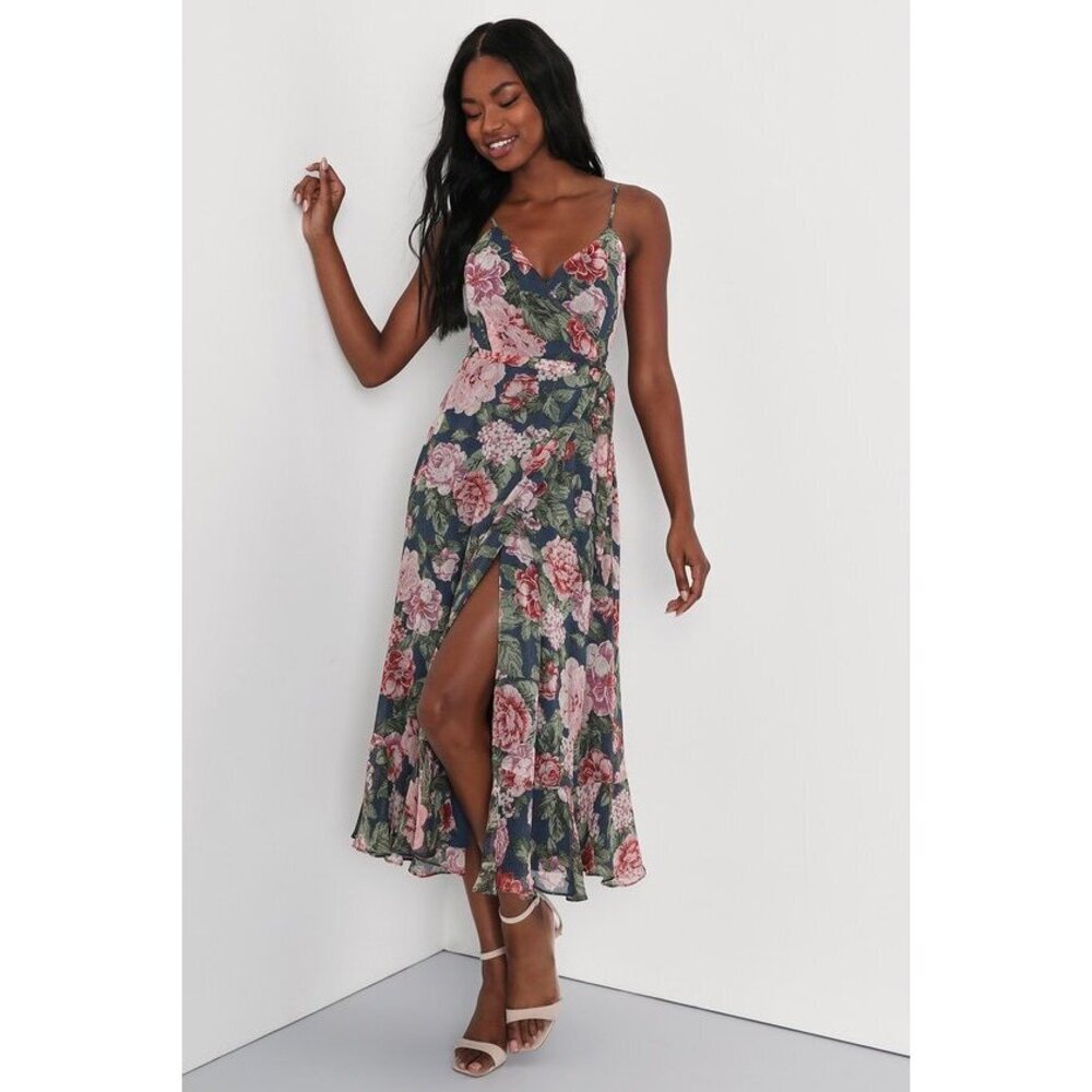 Lulus Delightfully Divine Navy Blue Floral Chiffon Wrap Midi Dress - Size M